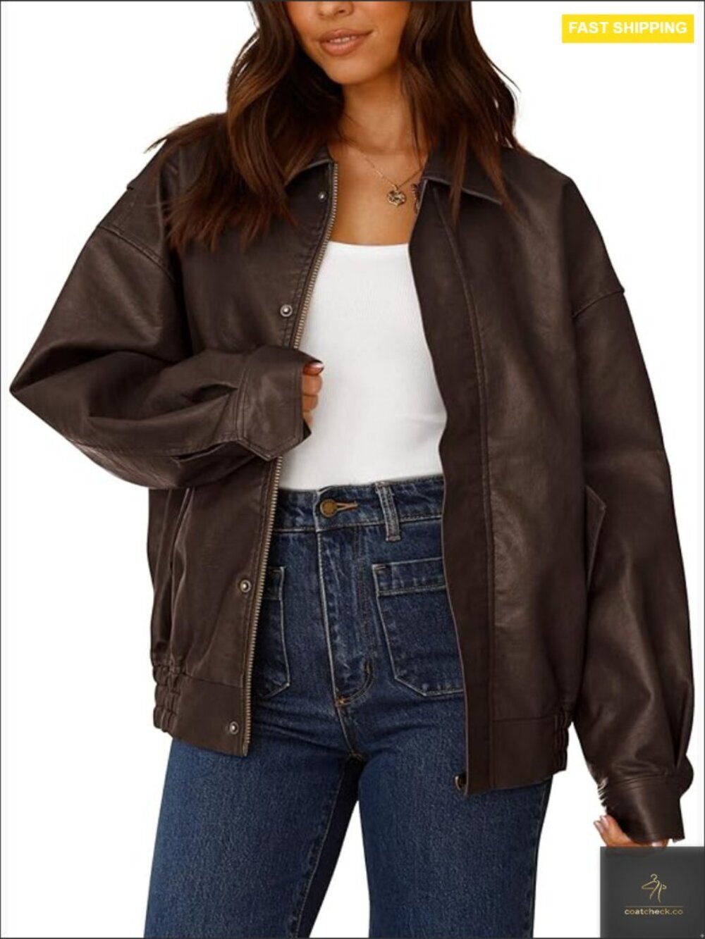 Oversized Faux Leather Motorcycle Jacket Trendy Zip Up Winter Coat Outerwear